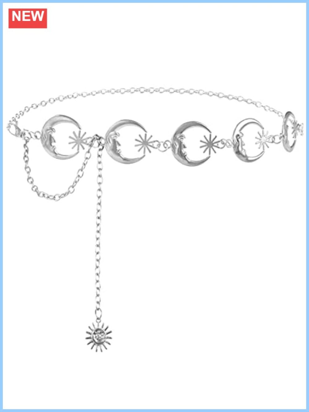 Metal Waist Chain Belt Moon Star Sun Pendant Clasp Adjustable 43"